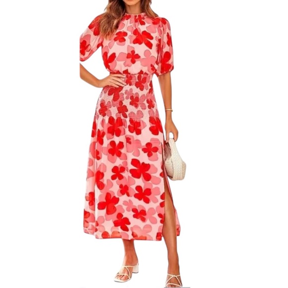 ePretty Dresses & Skirts - ePretty Floral Ruffle Mock Neck Midi Dress Red & Pink